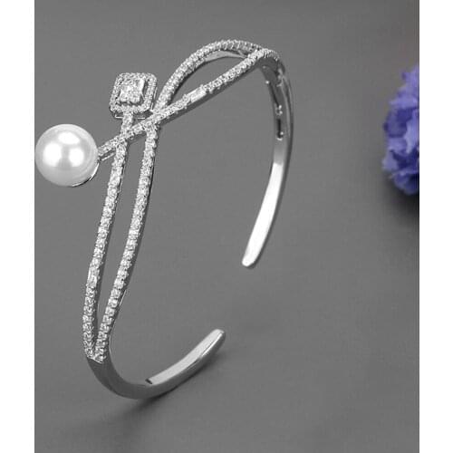Tirim 2021 Pearl Bangles For Women and Girls Cubic Zirconia Cuff Bracelet Jewelry Accessories Party Wedding Engagmement