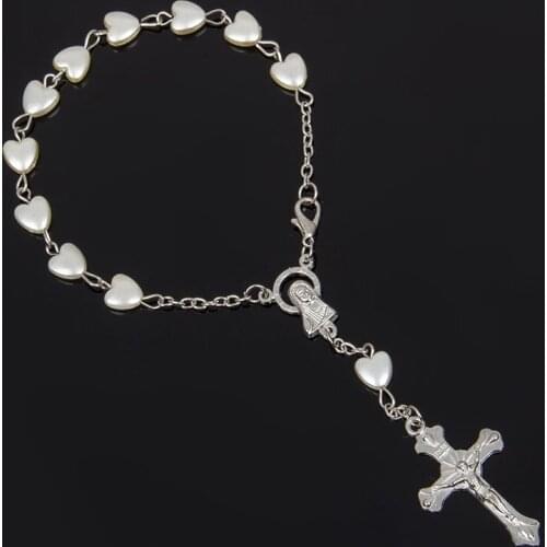 Catholic Rosary love White Imitation Pearls Beaded Cross Bracelets Women Christ Jesus Virgin Mary Praying Chains Bracelets