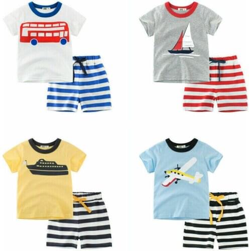2PCS Kids Boys Summer Outfit Set Short Sleeve Cartoon Car Striped Strap Pant Set