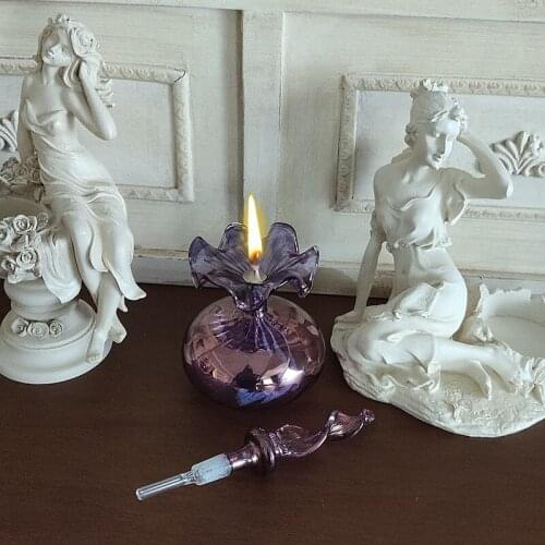 Creative Glass Oil Lamp Wedding Decoration Handicraft Glass Refillable Perfume Bottle, Oil Lamp with Brass Part and Rattan Sticks Functional use Bottle. Friend Gift Decorative Table top Elegant Object