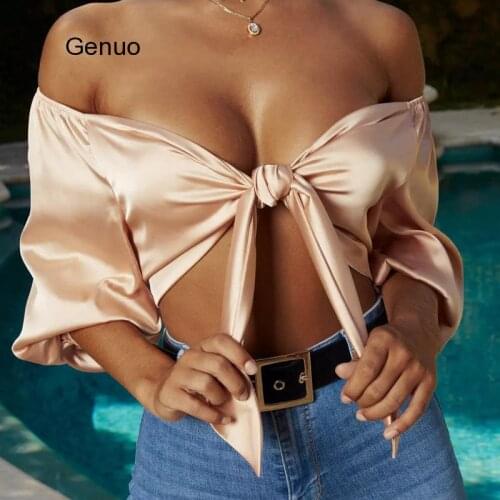 Sexy Satin Slik Crop Top Women Bow Sashes V Neck Crop Top Sleeveless Half Sleeve Cropped Backless cropped feminino Tank Top