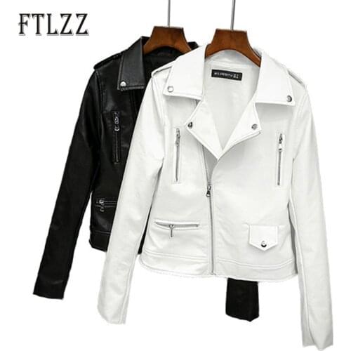 Spring Autumn Leather Jacket Women Slim Long Sleeve White Faux Leahter Coat Laides Zipper Biker Motorcycle Coat Street Outerwear