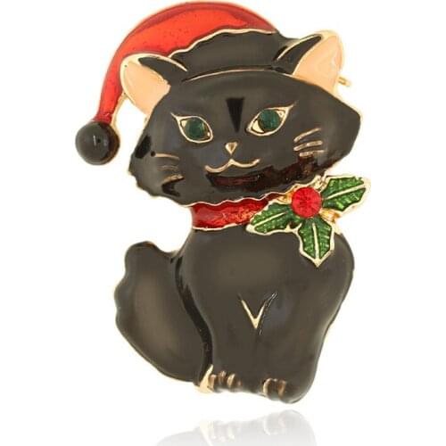 Lovely Black White Enamel Cat with Christmas Hat Brooches Vintage Rhinestone Brooches Pins for Women Costume Jewelry Party Gift