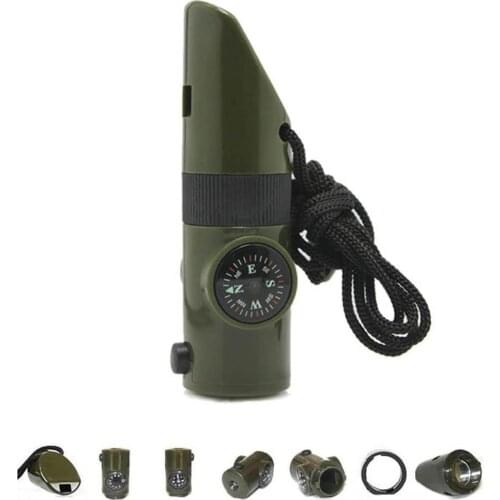 Multifunctional Whistle 7 In 1 Survival Trekking Compass Mirror Torch Magnifier Led Light Thermometer Storage Tools