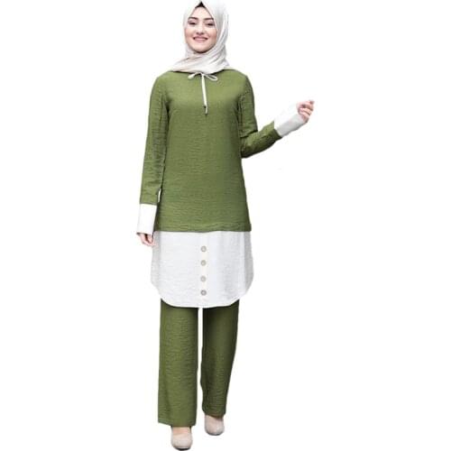Muslim Women Long Tops Islamic Sets Women Muslim Pants Abaya Dubai 2020 Patch Designs Ramadan Prayer Clothes 2 Piece Set