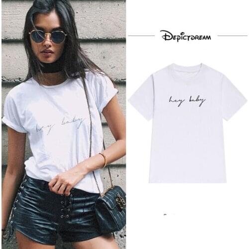 Europe and the American street women handwritten letters hey baby printed short sleeve t shirt female loose retro leisure summer