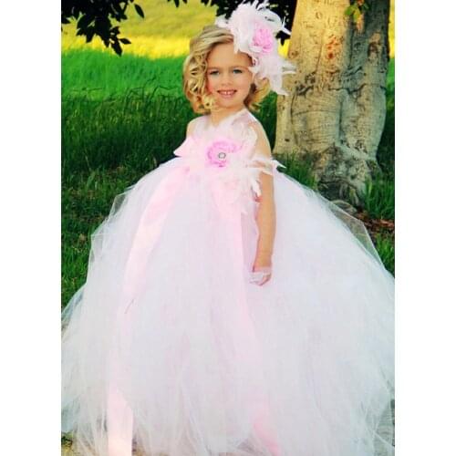 New Girls Feather Tutu Dress Kids Crochet Tulle Dress Ball Gown with Big Ribbon Bow and Flower Headband Children Princess Dress