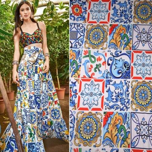 Spring and summer new painted blue and white porcelain printing apparel fabric handmade drape dress shirt cheongsam pants fabric