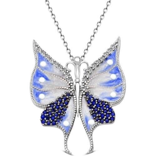 Nereze 925 Sterling Silver Blue Enamel Butterfly Necklace Women Silver Necklace