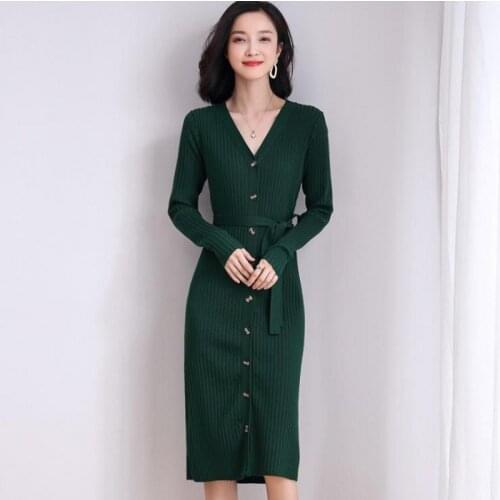 New spring women dress elegant fashion designer clothes full sleeve green v-neck knitting Cardigan dress to knee european style