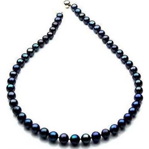 Stunning 8-9mm tahitian round black green pearl necklace 18inch
