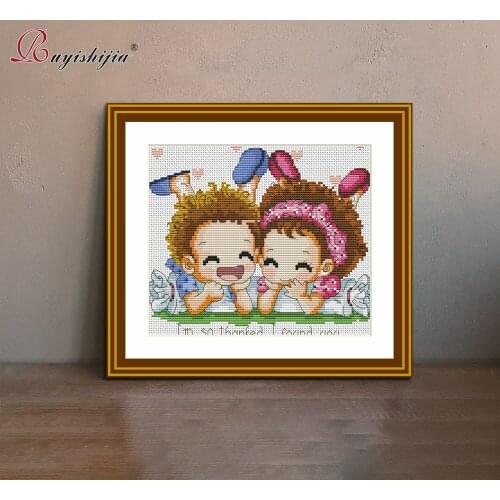 RUYISHIJIA Boy and Girl Having Fun Playing Pattern Needlework Cross Stitch Set Embroidery Cross-Stitching Home Decoration