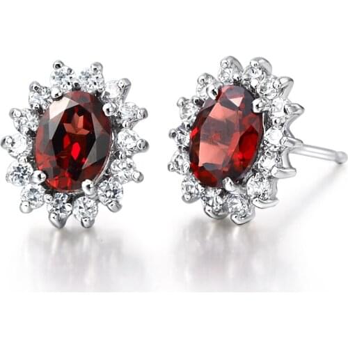 Natural Garnet Earring Stud 925 Sterling silver Woman Fine Elegant Red Gem Jewelry Princess Girl Birthstone Christmas Gift