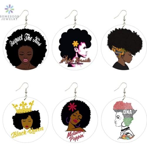 SOMESOOR Trendy Afro Natural Hair Wooden Drop Earrings African DNA Map Black Queen Melanin Poppin Ear Jewelry Women Gifts 6Pairs