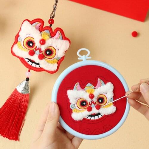 Dancing Lion Keychain DIY Embroidery Handmade Couples Cartoon Lucky Cat Amulet Cross Stitch Pendant Protective Talisman Pendant