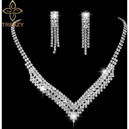 TREAZY V Shaped Crystal Bride Jewelry Sets Silver Color Rhinestone Choker Necklace Sets Bridal Wedding Jewelry for Women
