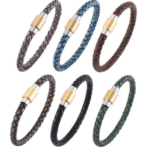 Vintage Men Women Leather Bracelet Charm Stainless Steel Magnetic Buckle Bracelets & Bangles Women Jewelry Gift BB0326