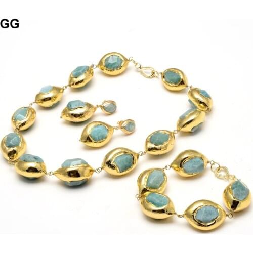 GuaiGuai Jewelry Natural Green Amazonites Nugget Real Gems Gold Color Plated Beads Necklace Bracelet Earrings Sets For Women