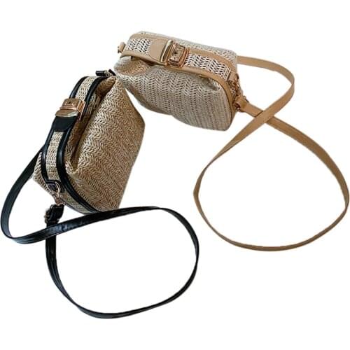 Womens Small Crossbody Bag Fashion Straw Woven Style Rectangular Shoulder Bag with Long Strap