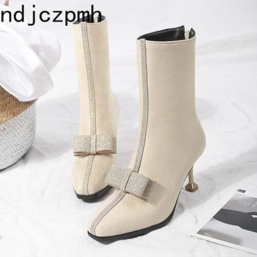 Womens Boots Winter The New Fashion Square Head Sequin Bow Zipper Fine Heel High Heel Middle Tube Womens Shoes Size 35-46