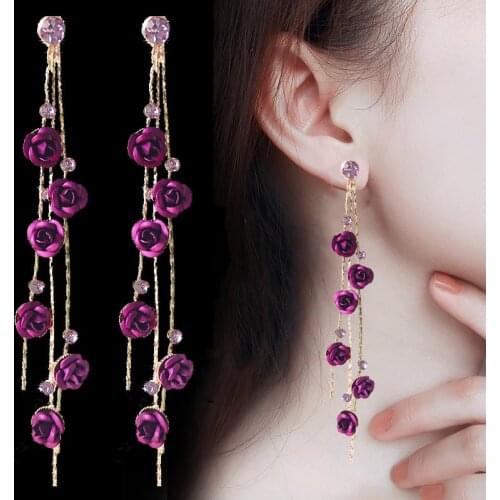 2020 Korean New Fashion Temperament Long Tassel Pendant Earrings Exquisite Simple Purple Rose Flower Earrings Female Jewelry