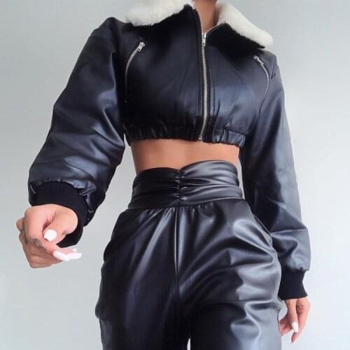 Wsevypo Women Winter PU Faux Leather Down Jackets Fashion Streetwear Turn Down Fur Collar Zip Up Coats Black Warm Outerwear