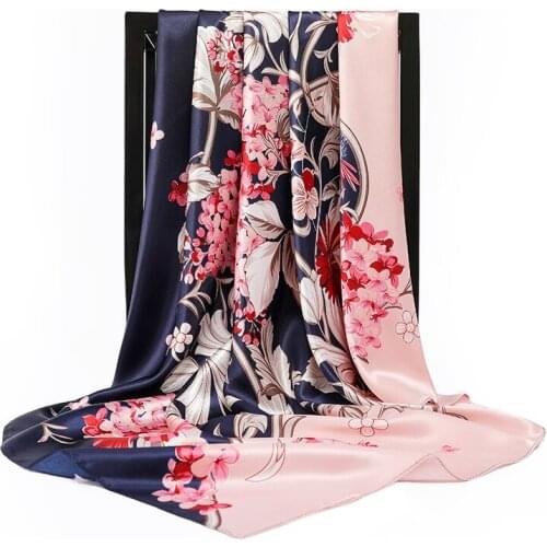 Luxury brand new Silk Scarf Women Fashion Flower Print Square Head Scarves Lady Luxury Brand Shawls Foulard Satin Hijab 90*90cm