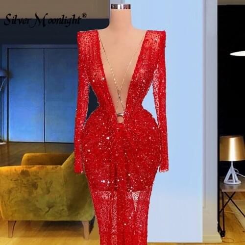 Illusion Deep V Neck Sexy Red Long Evening Dress 2021 Women Beading Dress For Party Prom Gowns Vestido De Novia Dubai