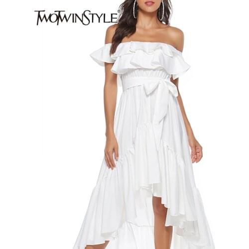 TWOTWINSTYLE Patchwork Ruched Striped Womens Dress Ruffles Slash Collar Sleeve Asymmetrical Hem Temperament Dresses Female 2021