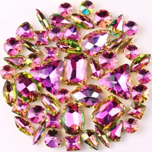 Gold claw settings 50pcs/bag shapes mix Fuchsia rainbow glass crystal sew on rhinestone garments shoes bags diy trim