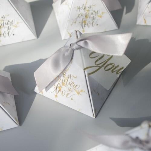100pcs Triangular Pyramid Marble style Candy Box with gold / silver grey ribbon Wedding Favors Party Supplies for you Gift Box