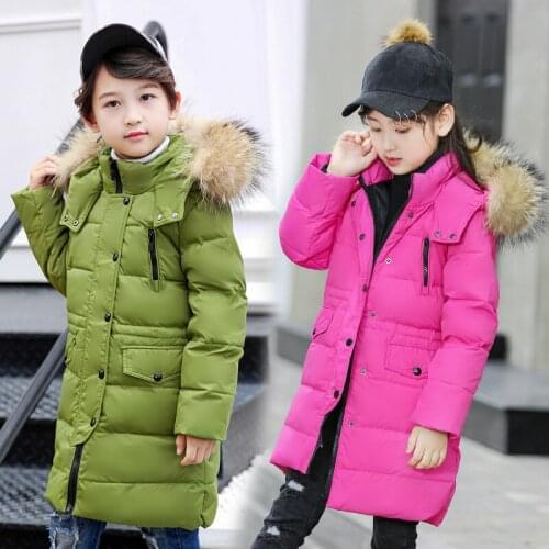 2020 Thick Warm Ture Fur Hooded Girls Winter Coat Zipper Solid Child Winter Jacket For Girls Baby Kids White Duck Down Outerwear