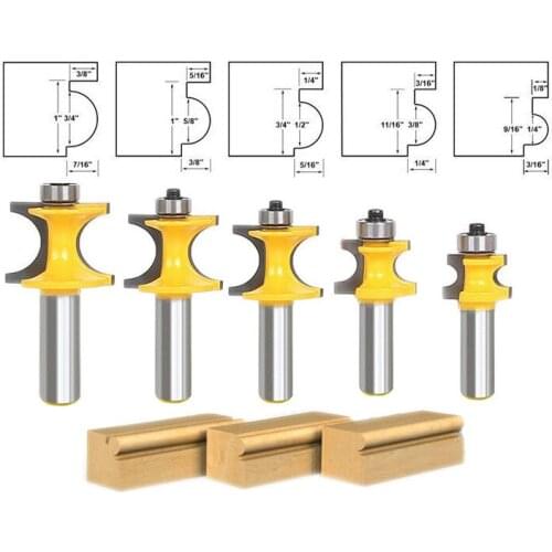 5pcs/set Bit Bullnose Router Bit Set C3 Carbide Tipped 1/2" Shank