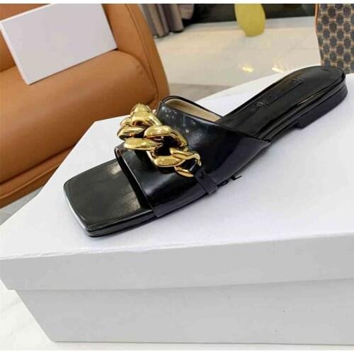 Big Gold Chains Flat Slippers Women Shoes Ladies Black Beach Slides Summer Cutout Flats Open Toe Mules Slingback Sandalias Mujer