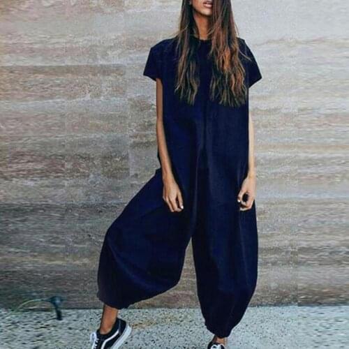 70% Hot Sell Women Cotton Linen Short Sleeve Casual Loose Wide Leg Jumpsuit Overall Playsuit