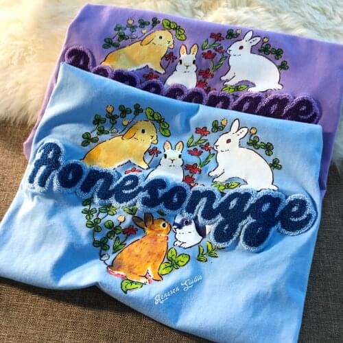 Cotton Harajuku Embroidery Letters Cute Rabbits T Shirts Vintage Fashion Teens Clothes 2021 Streetwear Summer Tops O-neck Casual