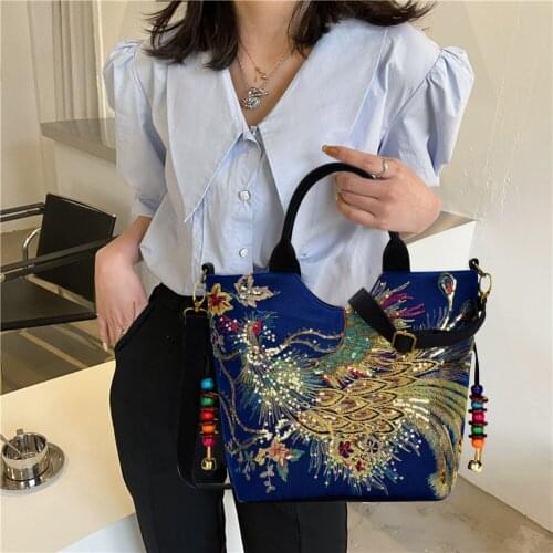 Ethnic Style Peafowl Embroidery Canvas Shoulder Messenger Bag Casual Ladies Retro Beads Pendant Top-handle Large Capacity Tote
