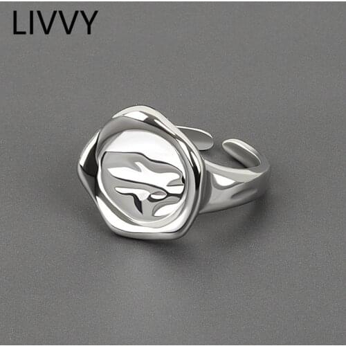 LIVVY Silver Color Irregular Texture Abstract Pattern Ring Open Adjustable Ring Trendy Vintage Fine Jelwery
