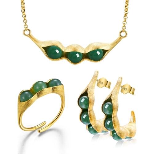Lotus Fun Real 925 Sterling Silver Fine Jewelry Natural Stones Pea Pods Design Jewelry Set with ring Drop Earring Necklace