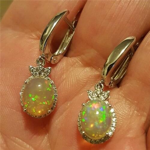 Cute Female White Fire Opal Drop Earrings Vintage Silver Color Teardrop Earrings Fashion Long Dangle Earrings For Women