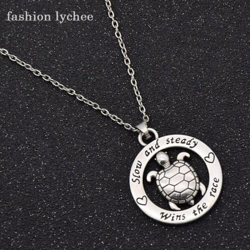 Fashion lychee Slow And Steady Wins The Race Tortoise Circle Pendant Necklace Inspirational Word Turtle Animal Necklace
