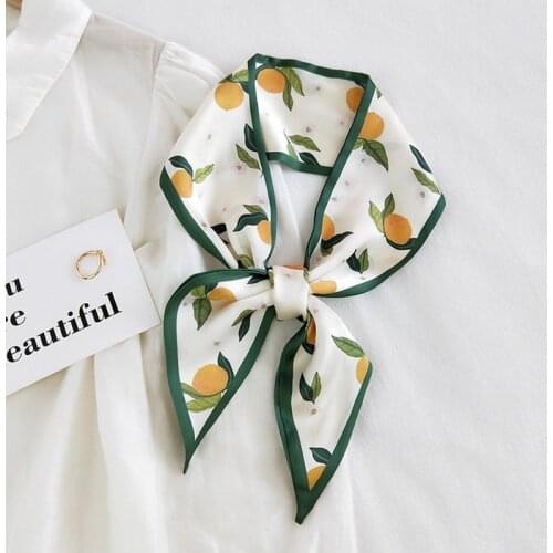 MoriBty Skinny Women Silk Scarf Wraps Fruit Print Hair Ribbon Headscarf Foulard Femme Luxury Neckerchief Bandanas Bag Ties Mujer