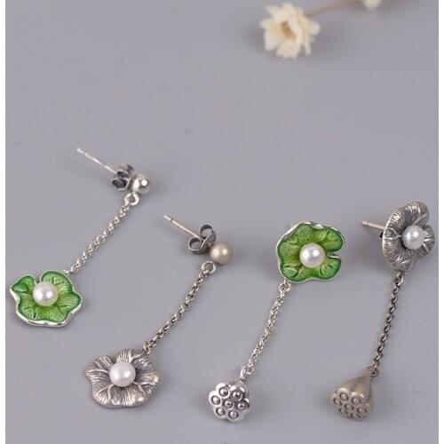 New S925 Silver Female Thai Silver Matte Burnt Blue Lotus Leaf Pearl Asymmetric Fringe Lotus Earrings