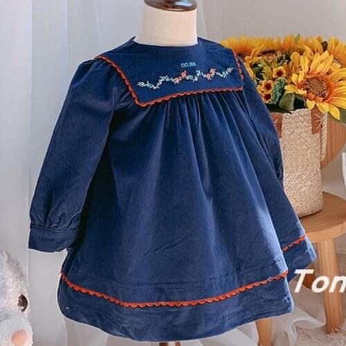 Autumn Winter Toddler Girl puff Sleeve dress Cotton square collar Princess Dress Kids Corduroy Pleated Fashion Baby