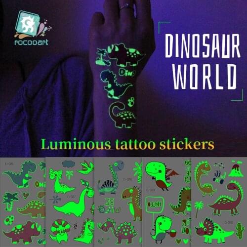 Rocooart Dinosaur Tattoo Stickers For Children Fake Tattoo Glowing In Dark Tatoos Kids Waterproof Taty Luminous Body Art Tatoo