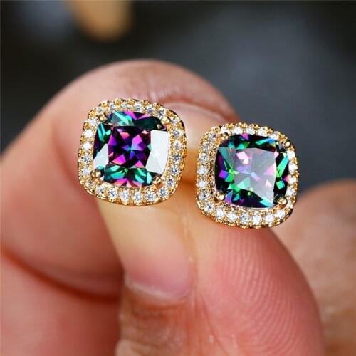 Luxury Female Rainbow Zircon Stone Earrings Charm Gold Color Small Stud Earrings Punk Square Zircon Wedding Earrings For Women