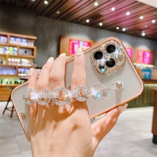 Luxury crystal chain Wrist Bracelet Transparent Phone case For iPhone 12 Pro Max 11 XR X XS 7 8 Plus Glitter Diamond Lens cover