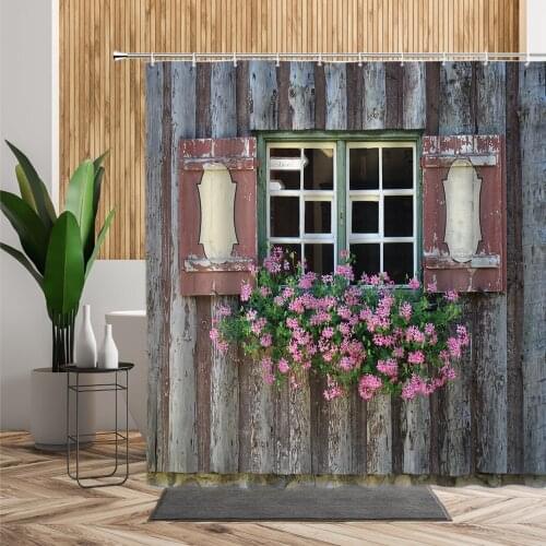 Retro Window Flowers Shower Curtain Potted Plants Wood Grain Brick Wall Garden Landscape Bathroom Set Waterproof Bath Curtains