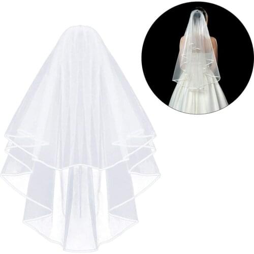 Inform Newly Design White Double Ribbon Edge Center Cascade Bridal Wedding Veil with Comb