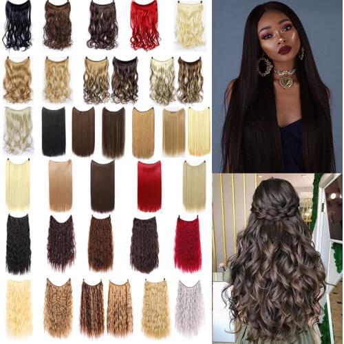 XUANGUANG 24 inches Women Fish Line Hair Extensions Natural Wavy Straight Curly High Temperature Fiber Synthetic Hair Piece